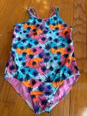 Speedo Tropical Palm One-Piece Swimsuit - Blue/Pink/Orange